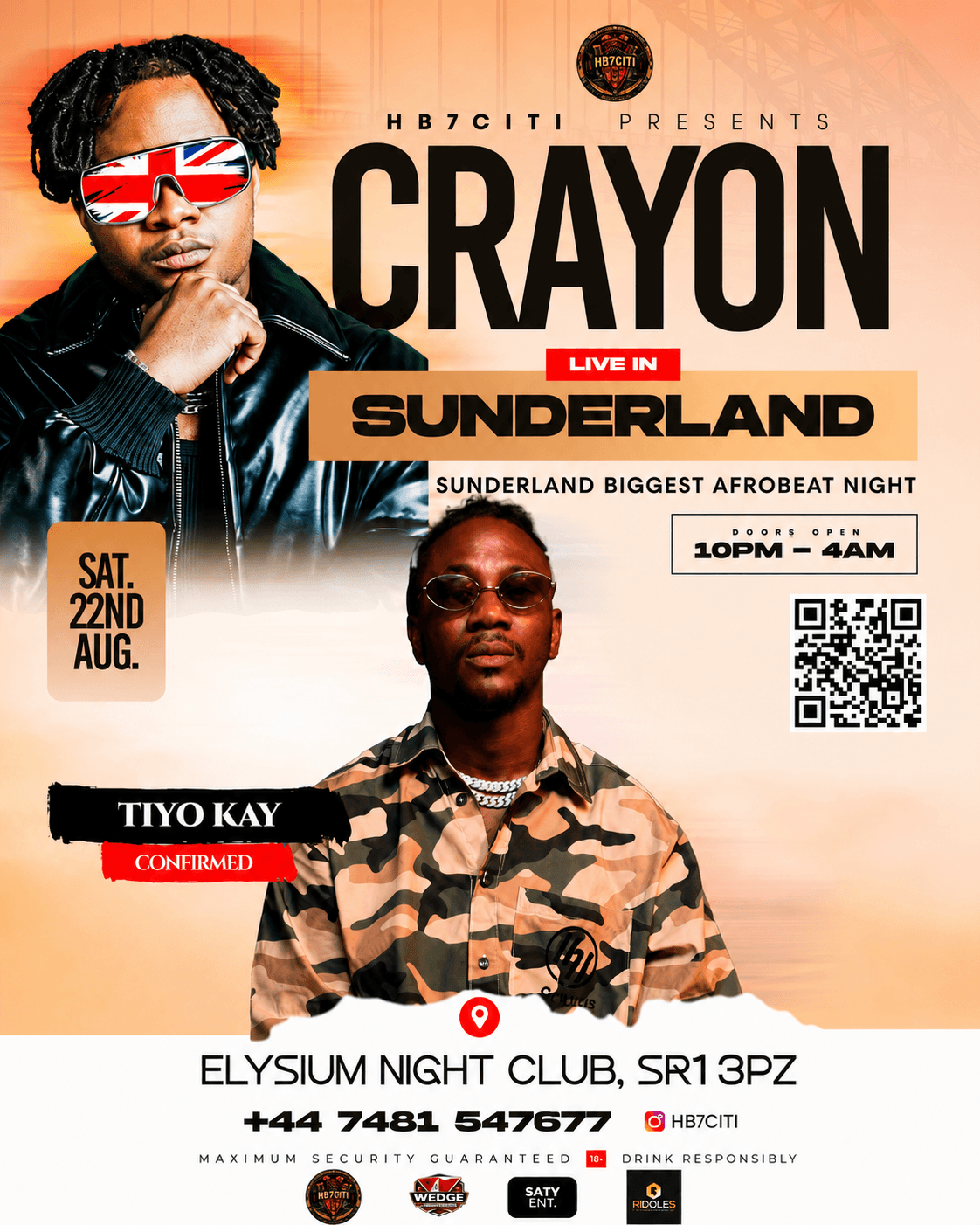 HB7CITI presents Crayon live in Sunderland, Sunderland’s biggest Afrobeat night. Tiyo Kay confirmed. Saturday 22nd August, Elysium Night Club SR1 3PZ, doors 10PM to 4AM.